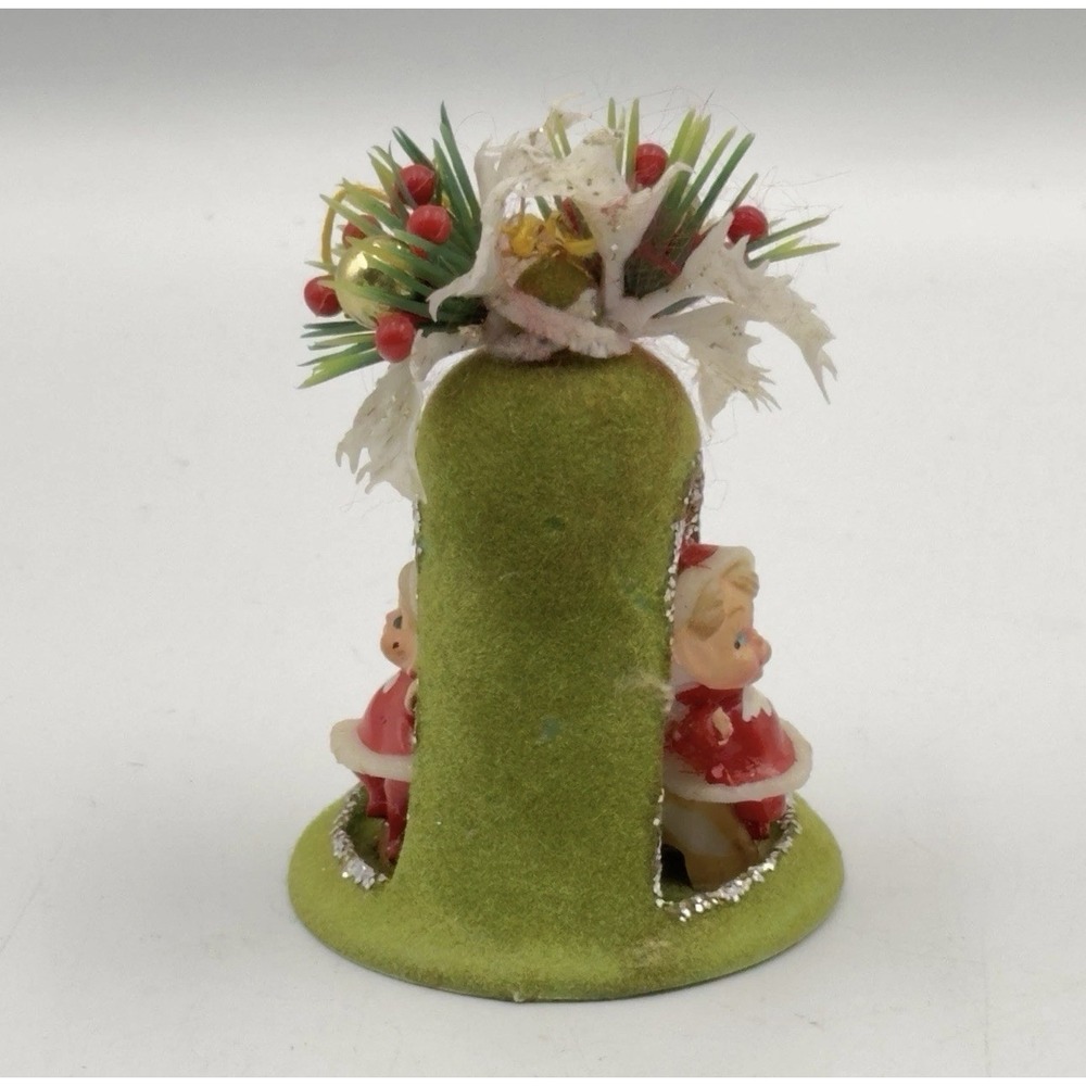 Vtg 1960's Green Flocked‎ Bell Diorama 2 Sides Elves Elf Christmas Ornament RARE